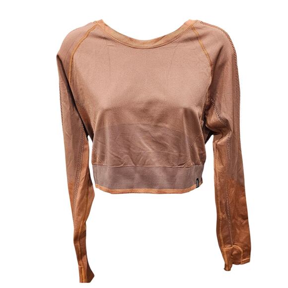 Allyson Felix x athleta M (?) Rose gold ribbed long sleeve crop top thumb holes - Picture 1 of 9